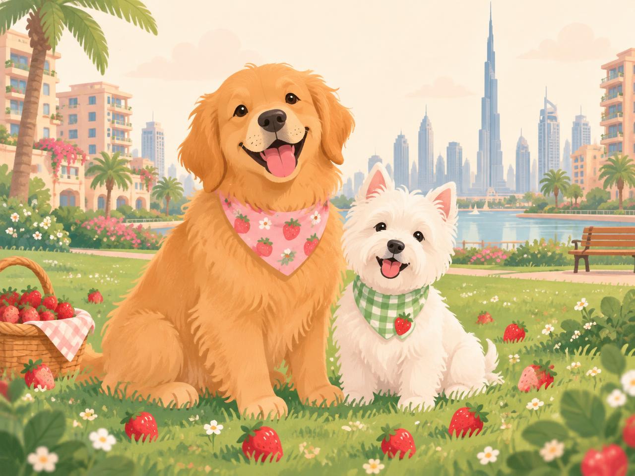 Two happy dogs in a park with strawberries